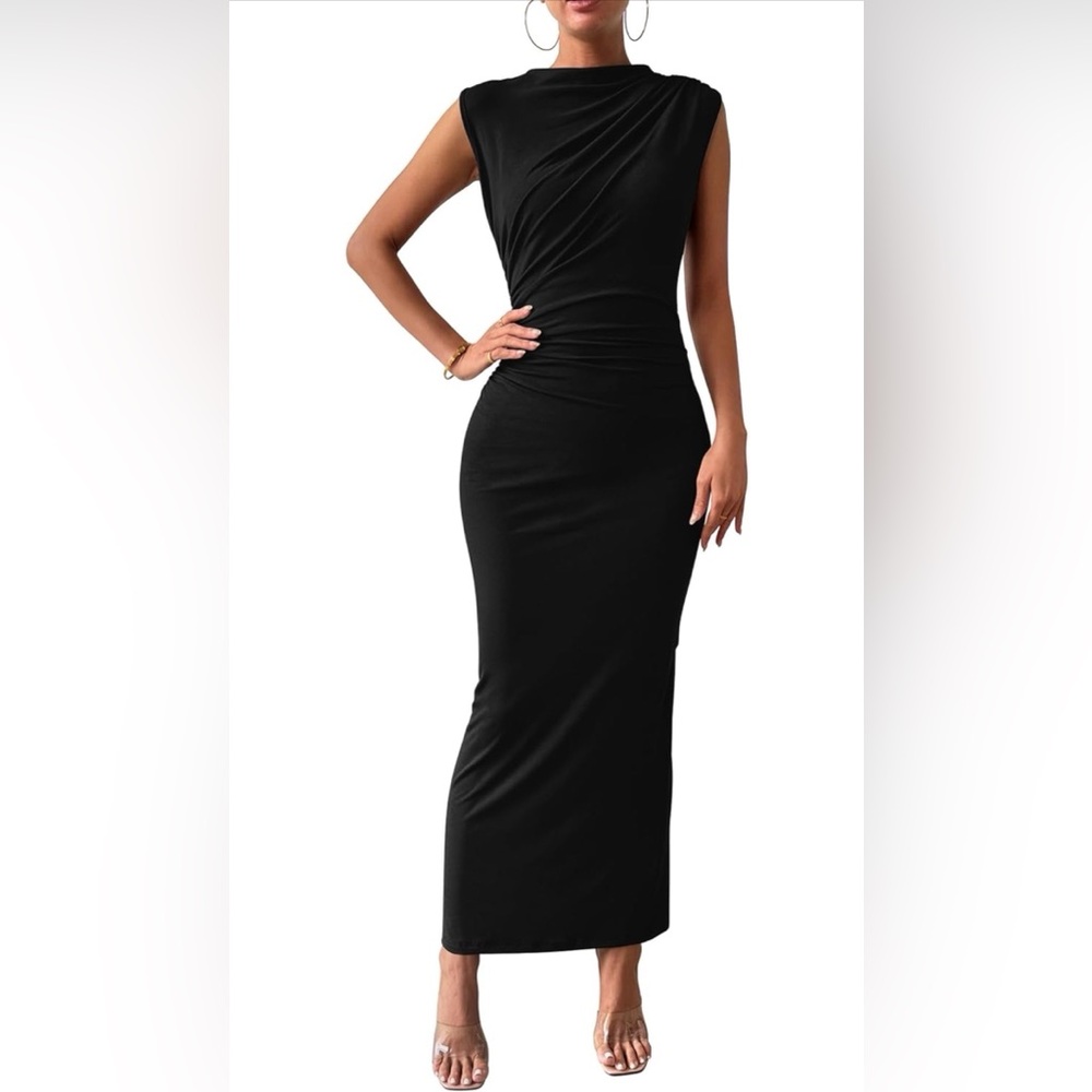 BTFBM Ruched Bodycon Casual Sleeveless Back Slit Elegant Party Cocktail Dress